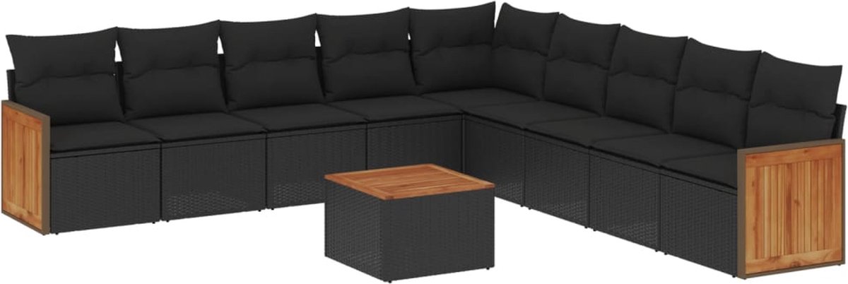 The Living Store 10-delige Loungeset met kussens poly rattan zwart - Loungebank - Lounge Set - Tuinbank - Buitentijdbanken - Outdoor Furniture