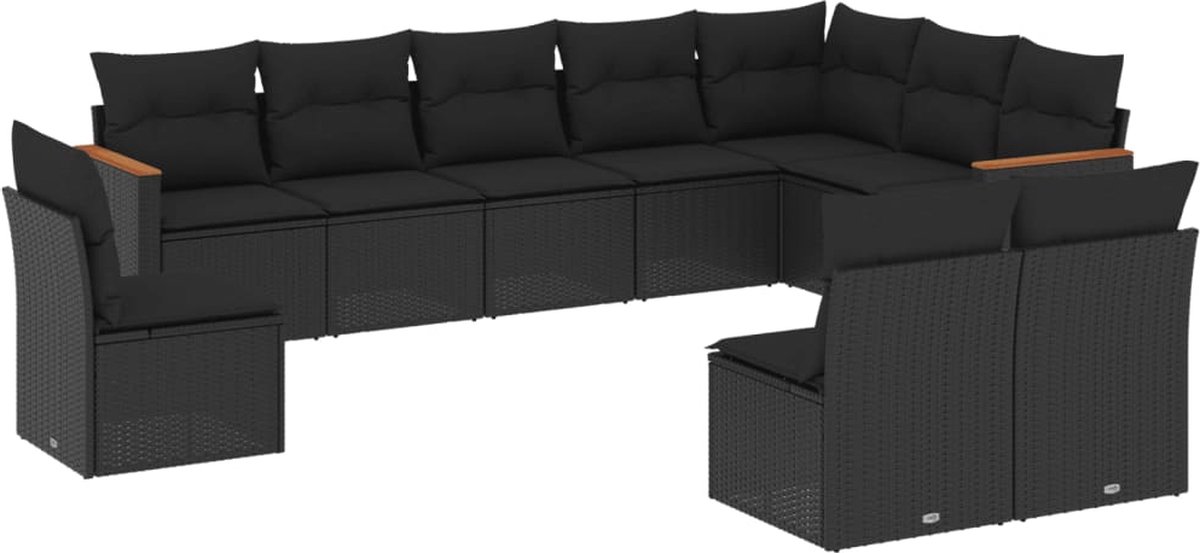 The Living Store 10-delige Loungeset met kussens poly rattan zwart - Loungebank - Tuinset - Lounge Set - Buitendecoratie - Tuinmeubels