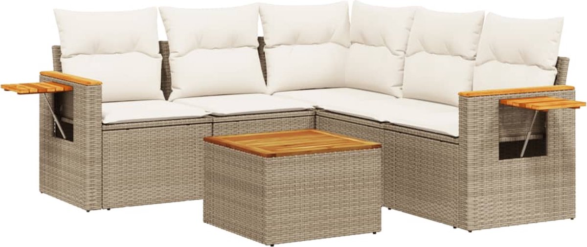 The Living Store loungeset met beige kussens en poly rattan.