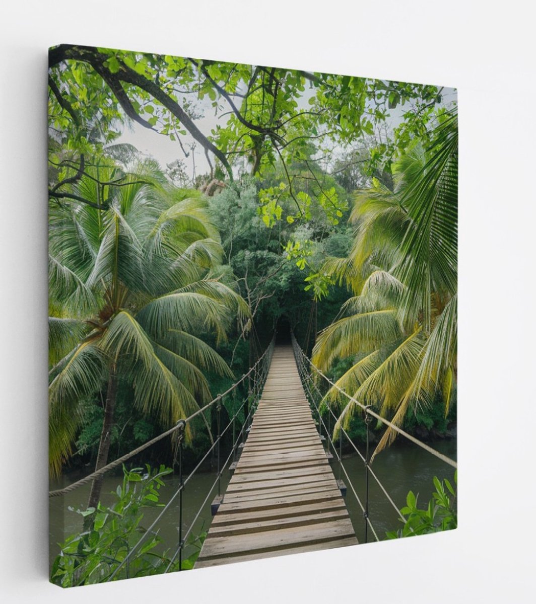 Saammp Canvas Schilderij - Touwbrug - Landschap - Natuur - 60x60 - Foto op canvas - Wanddecoratie - Muurdecoratie Woonkamer - Slaapkamer decoratie - Canvas Print Multicolor