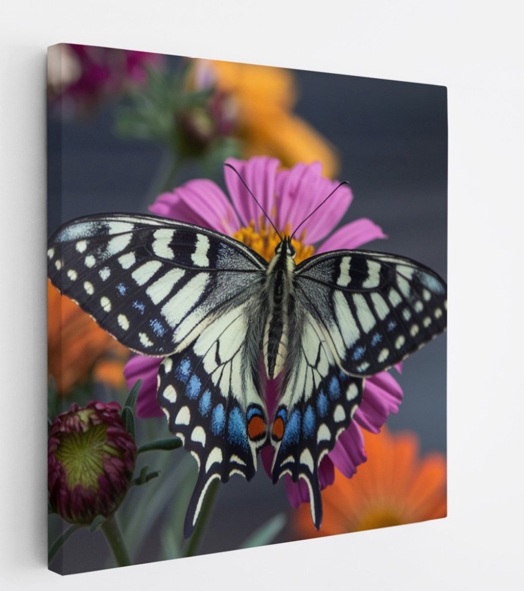 Saammp Canvas Schilderij -Grote Vlinder bij paarse bloem - Dieren - Natuur - 20x20 - Foto op canvas - Wanddecoratie - muurdecoratie Woonkamer - Slaapkamer decoratie - Canvas Print Multicolor