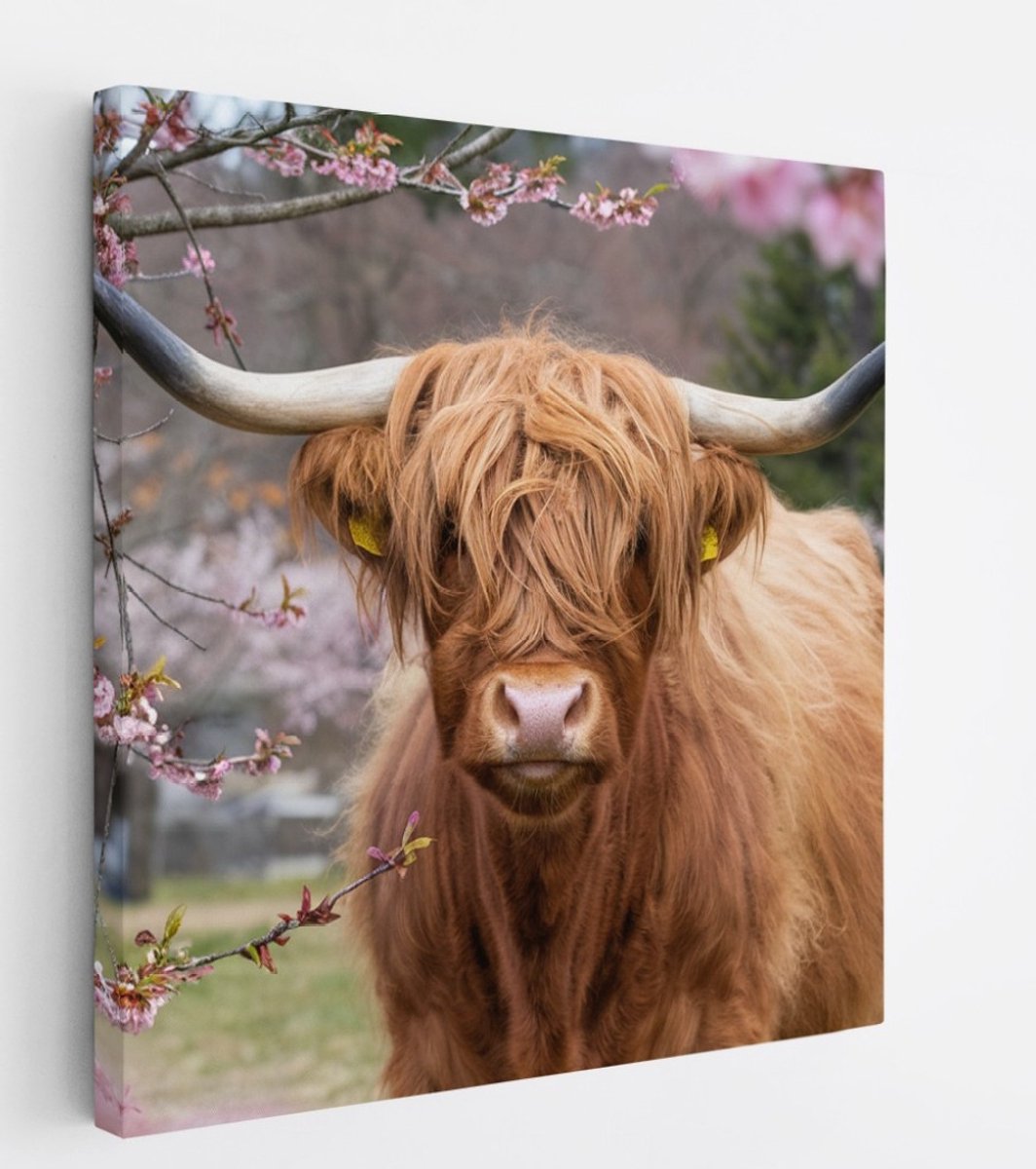 Saammp Canvas Schilderij - Schotse Hooglander Koe in de wei - Landschap - Dieren - Natuur - 100x100 - Foto op canvas - Wanddecoratie - muurdecoratie Woonkamer - Slaapkamer decoratie - Canvas Print Multicolor