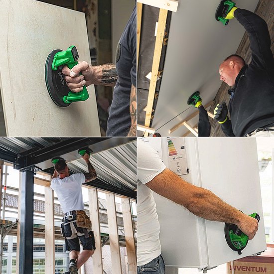 Mensen gebruiken de groene zuignap voor het tillen van materialen zoals tegels en aan het plafond.