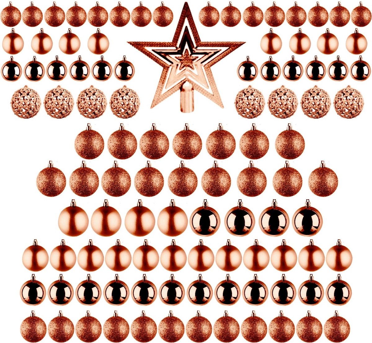 Cheqo Luxe Bronzen Kerstballen Set - Met Piek - 101 stuks - Kunststof - Kerstboomversiering - Kerstversiering - Onbreekbaar - Verschillende Formaten & Designs - Kerstboom - Kerstballenset - Kerstdecoratie - Kerst - Christmas
