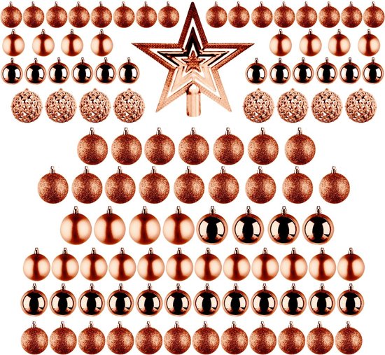 Cheqo Luxe Bronzen Kerstballen Set - Met Piek - 101 stuks - Kunststof - Kerstboomversiering - Kerstversiering - Onbreekbaar - Verschillende Formaten & Designs - Kerstboom - Kerstballenset - Kerstdecoratie - Kerst - Christmas