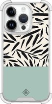Casimoda® hoesje - Geschikt voor iPhone 14 Pro - Abstract Mint Palms - Shockproof case - Extra sterk - Siliconen/TPU - Mint, Transparant