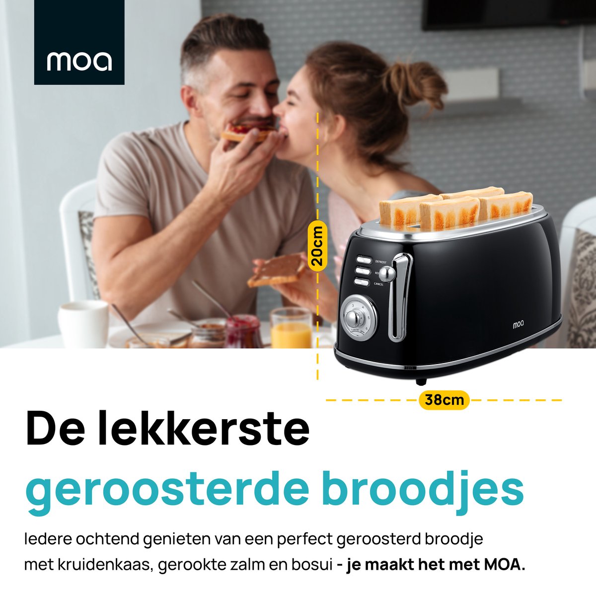 MOA Retro Broodroaster - Toaster voor 4 Sneden - Extra Brede Sleuven - 6 Warmteniveaus - BPA Vrij - 1500W - Zwart thumbnail 5