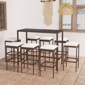 The Living Store Barset Rattan - 130 x 60 x 110 cm - Bruin - Tafel en 8 krukken - PE-rattan en gehard glas met stalen frame - Inclusief zitkussens