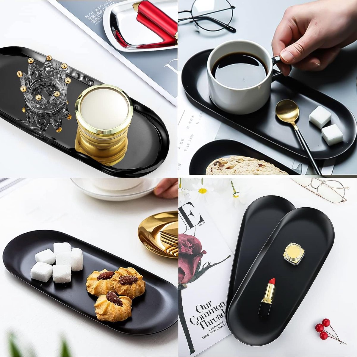 2 Pièces Plateau Décoratif Ovale Noir Mat Acier Inoxydable – Plateau Service 23x9,5 Cm, Élégant Pour Bijoux, Clés, Bougies, Cosmétiques