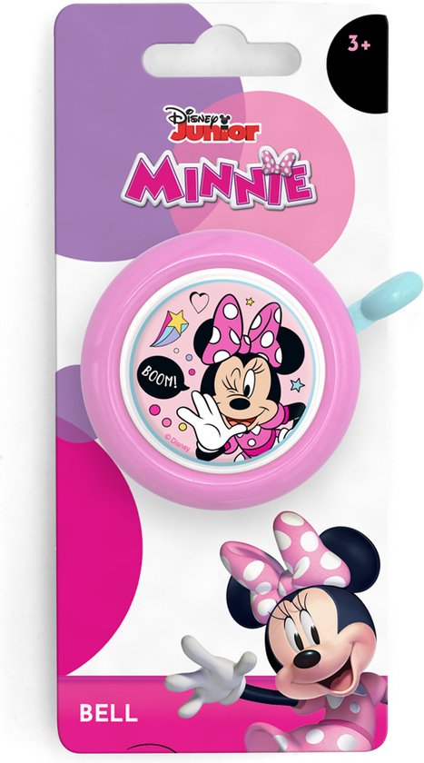 Minnie Mouse fietsbel in verpakking. De bel is roze met een blauw handvat en heeft een afbeelding van Minnie.