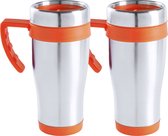 Warmhoudbeker/thermos isoleer koffiebeker/mok - 2x - RVS - zilver/oranje - 450 ml - Reisbeker