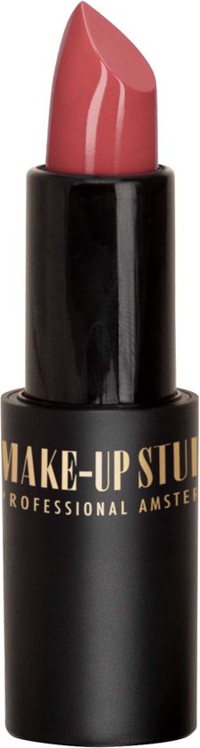 Zwarte huls met een matte nude roze lipstick. "MAKE-UP STU PROFESSIONAL AMSTER" staat op de huls.