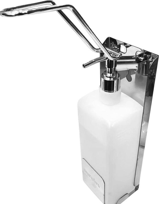 Zilverkleurige elleboogdispenser met een witte kunststof fles, gemonteerd aan de muur.