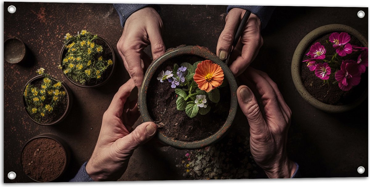Tuinposter – Bloemen - Bloempot - Potgrond - Handen - 100x50 cm Foto op Tuinposter (wanddecoratie voor buiten en binnen)
