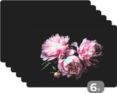 Placemat - Placemats kunststof - Pioenroos - Roze - Bloemen - Botanisch - Natuur - 45x30 cm - 6 stuks - Hittebestendig - Anti-Slip - Onderlegger - Afneembaar