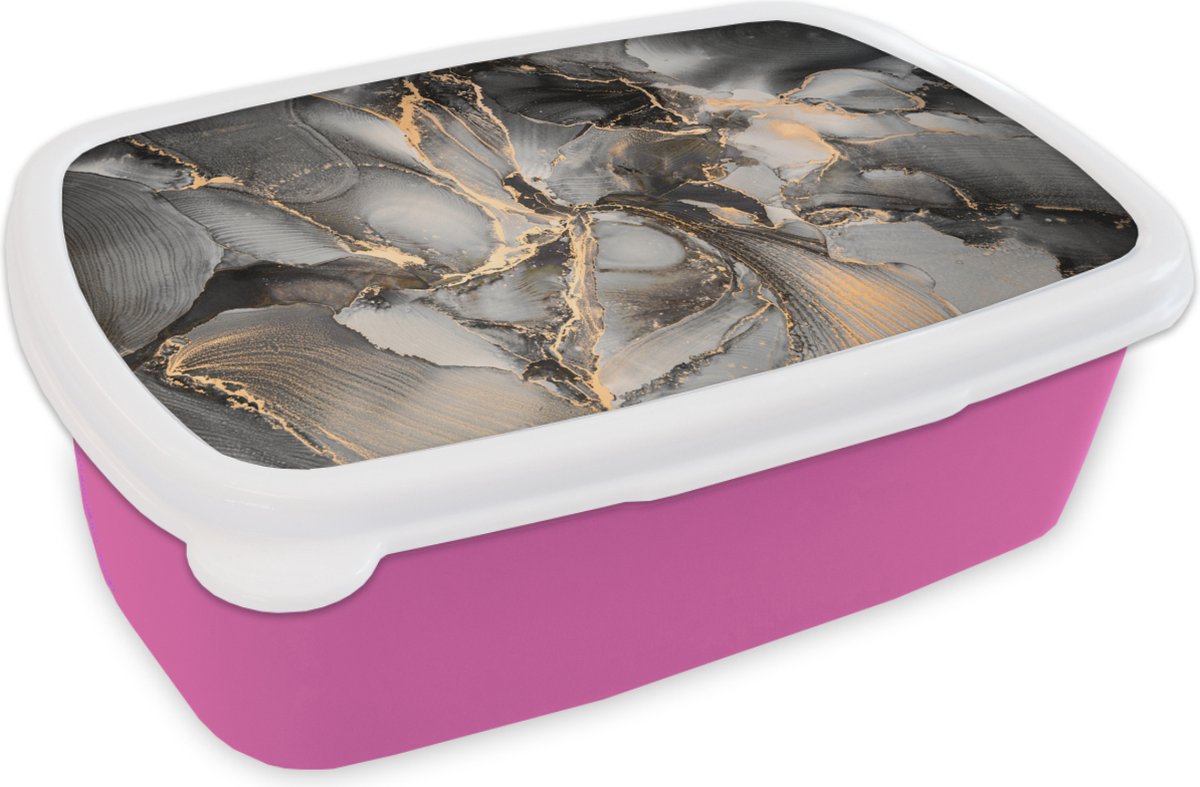 Broodtrommel Roze - Lunchbox - Brooddoos - Grijs - Luxe - Goud - Marmer - 18x12x6 cm - Kinderen - Meisje