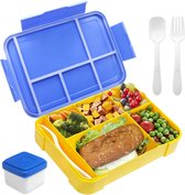 Boîte à lunch 1300 ml, étanche, boîte à lunch pour enfants avec 5 compartiments et set de couverts, sans BPA, boîte à lunch pour enfants et adultes, pour micro-ondes, lave-vaisselle (bleu-jaune)