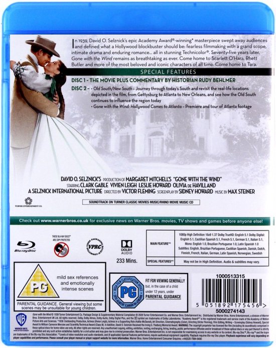 Achterkant Blu-ray hoes "Gone With The Wind" met tekst en afbeelding van Rhett Butler die Scarlett O'Hara kust.