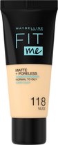Maybelline New York - Fit Me Matte + Poreless Foundation - 118 Nude - Medium Dekkende Foundation met Matte Finish voor de Normale tot Vette Huid - 30 ml
