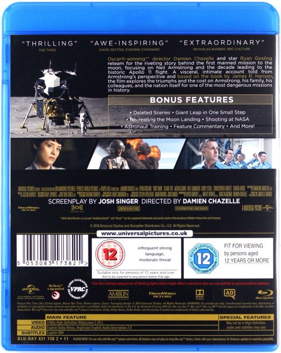 Achterkant van de Blu-ray hoes: Neil Armstrong op de maan, acteurs, bonus features, leeftijdsclassificatie.