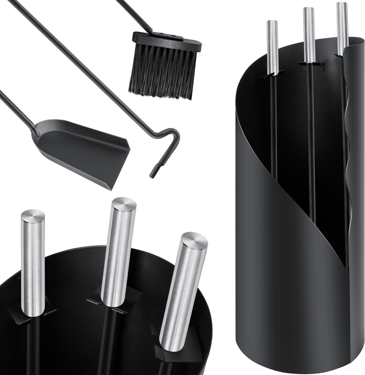 KESSER® Haardset 4-delig - Openhaard Set Gereedschap met bezem, schop, pook, standaard Stalen roestvrijstalen handgrepen Haard accessoires - Zwart