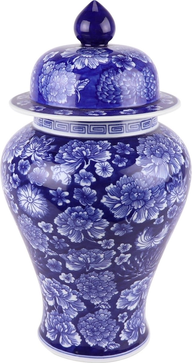 Fine Asianliving Chinese Gemberpot Porselein Navy Blauw Pioenen Handgeschilderd D19xH36cm Blauw, Wit