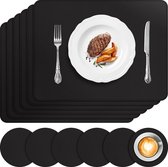 Placemats, afwasbaar, leer, set van 6 placemats, lederlook, kunstleer, waterdicht, pvc-placemats en onderzetters, placemats voor thuis, keuken, restaurant, 41 x 31 cm, zwart