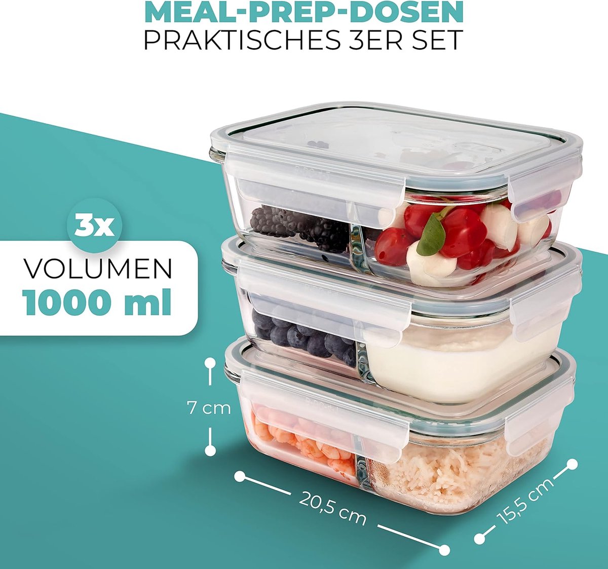 Classbach ® Maaltijdbereidingsdozen, glazen bakjes met deksel, set van 3 geschikt voor vaatwasser, magnetron en oven, glazen voedselbewaardozen voor gezond eten, 3x 1040ml - C-FHD 4020 G, transparant Classbach ® Maaltijdbereidingsdozen, glazen bakjes met deksel, set van 3 geschikt voor vaatwasser, magnetron en oven, glazen voedselbewaardozen voor gezond eten, 3x 1040ml - C-FHD 4020 G, transparant