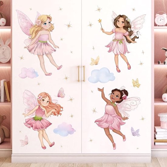 Sticker mural décoratif fée et papillons roses - Chambre fille