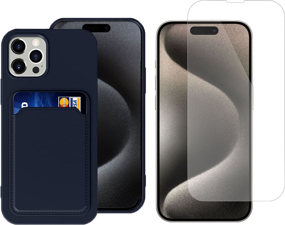 Pasjes Houder Hoesje geschikt voor iPhone 15 + Screenprotector – Gehard Glas Cover - Portemonnee - Kaart houder - Blauw