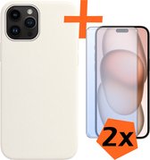 Hoesje Geschikt voor iPhone 15 Pro Hoesje Siliconen Cover Case Met 2x Screenprotector - Hoes Geschikt voor iPhone 15 Pro Hoes Back Case - Wit