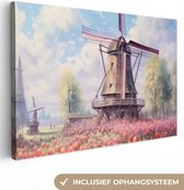 Canvas Schilderij Molen - Tulpen - Bloemen - Landschap - Hollands - 30x20 cm - Wanddecoratie