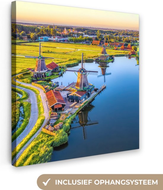 Peinture sur toile Moulin - Soirée - Paysage - Hollandais - 20x20 cm - Décoration murale