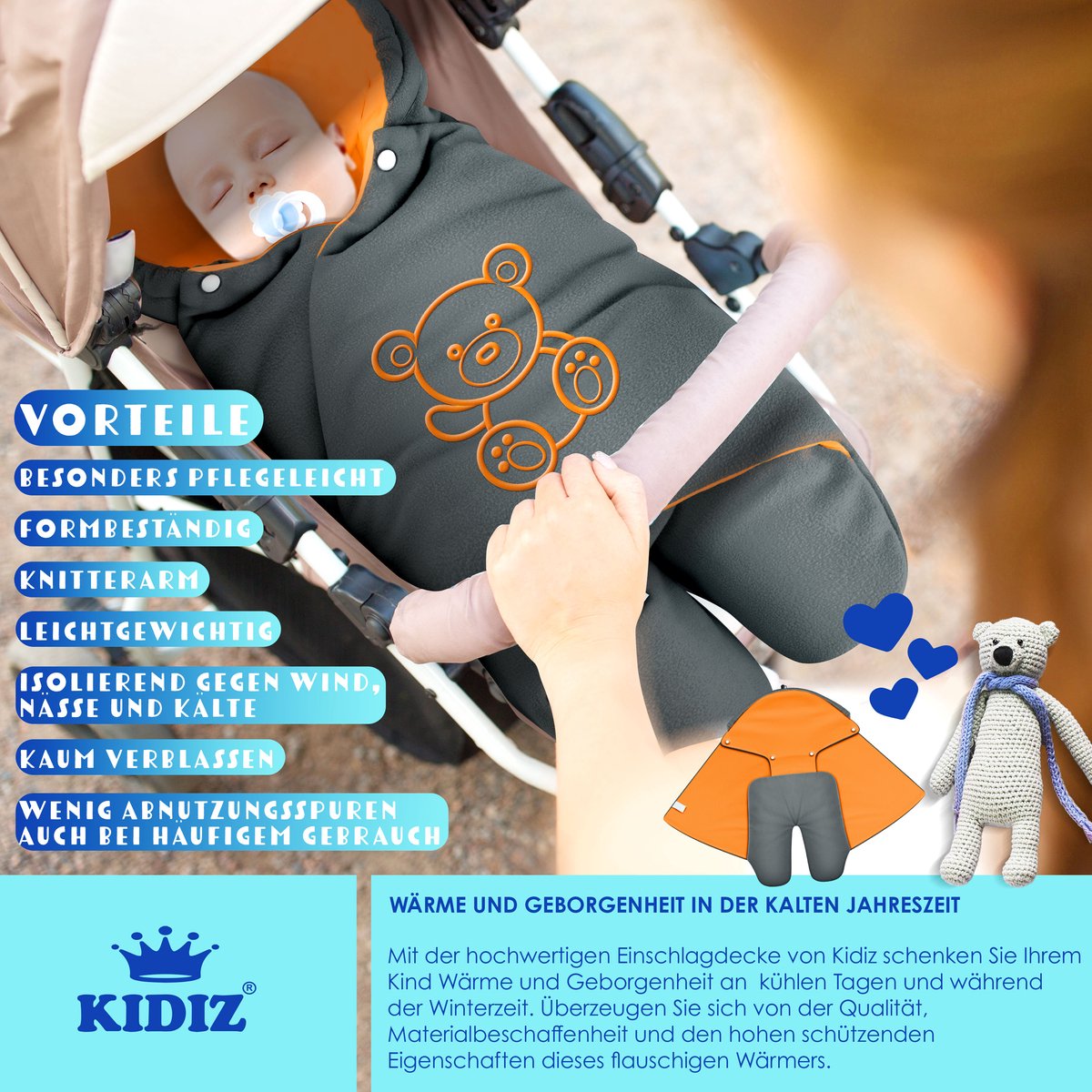 KIDIZ® Baby Slaapzak voor Buggy Voetenzak voor Autostoeltje & Wandelwagen Babyschaal, voor Winter met Kap + Babyslaapzak Deken voor Maxi-Cosi & Kinderwagen alle Gordelsystemen 3 & 5-Puntsgordel - Antraciet / Oranje – foto 3