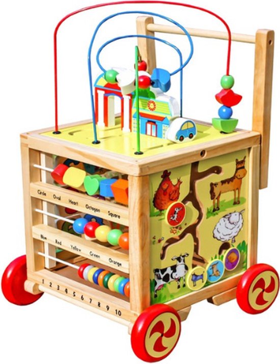 Loopwagen Kubus Hout voor Baby +/- 1 jaar | Babywalker | Educatieve looptrainer | 33 x 33 x 47cm