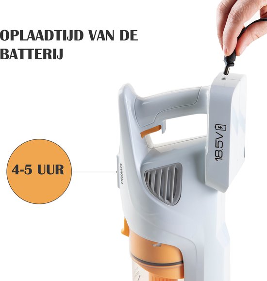 Witte en oranje steelstofzuiger, hand wordt gebruikt om de oplader aan te sluiten. Oplaadtijd: 4-5 uur.