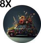 BWK Flexibele Ronde Placemat - Kustige Bloemen Auto - Set van 8 Placemats - 50x50 cm - PVC Doek - Afneembaar