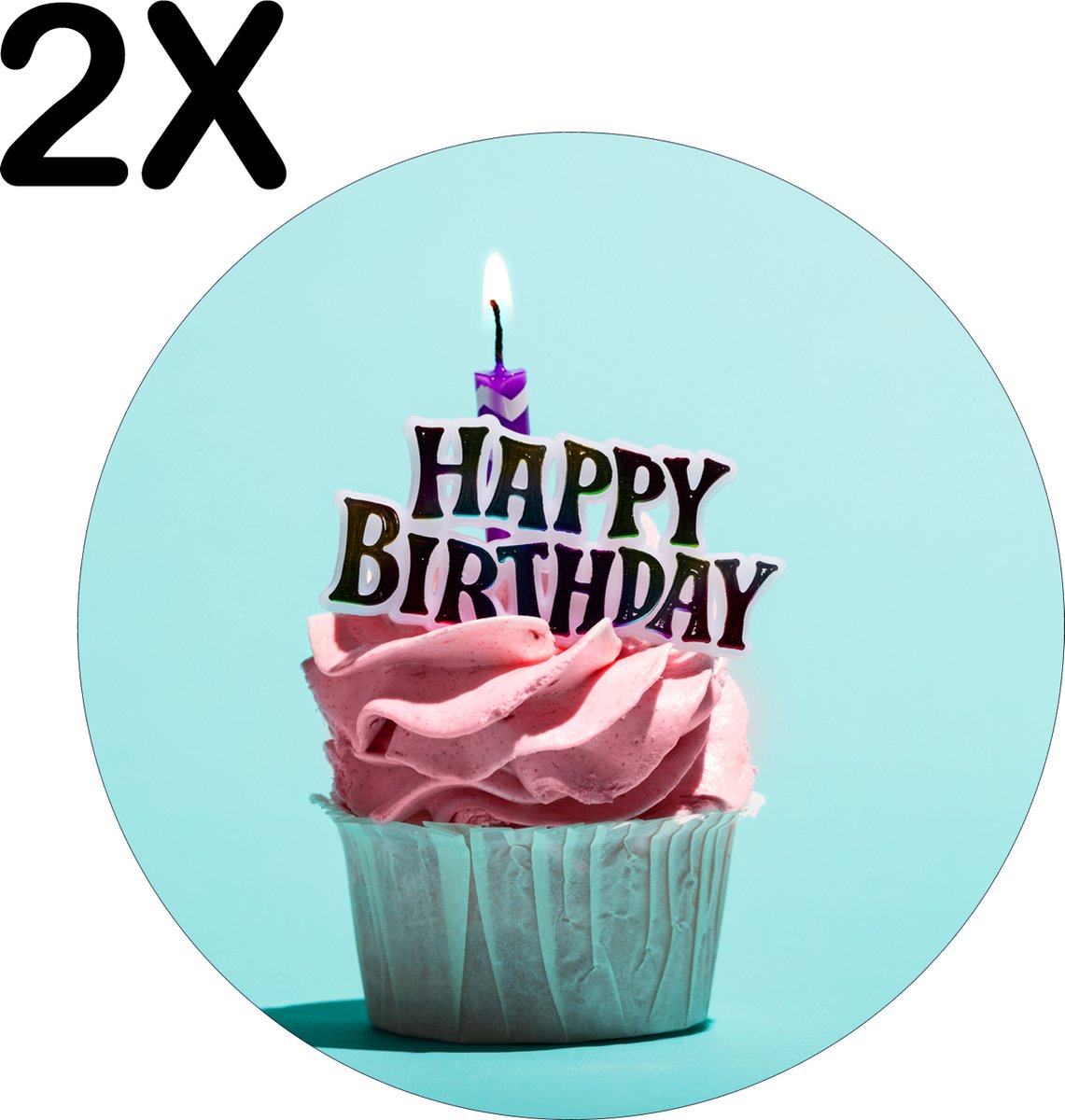 BWK Stevige Ronde Placemat - Happy Birthday Roze Muffin met Turqoise Achtergrond - Set van 2 Placemats - 40x40 cm - 1 mm dik Polystyreen - Afneembaar
