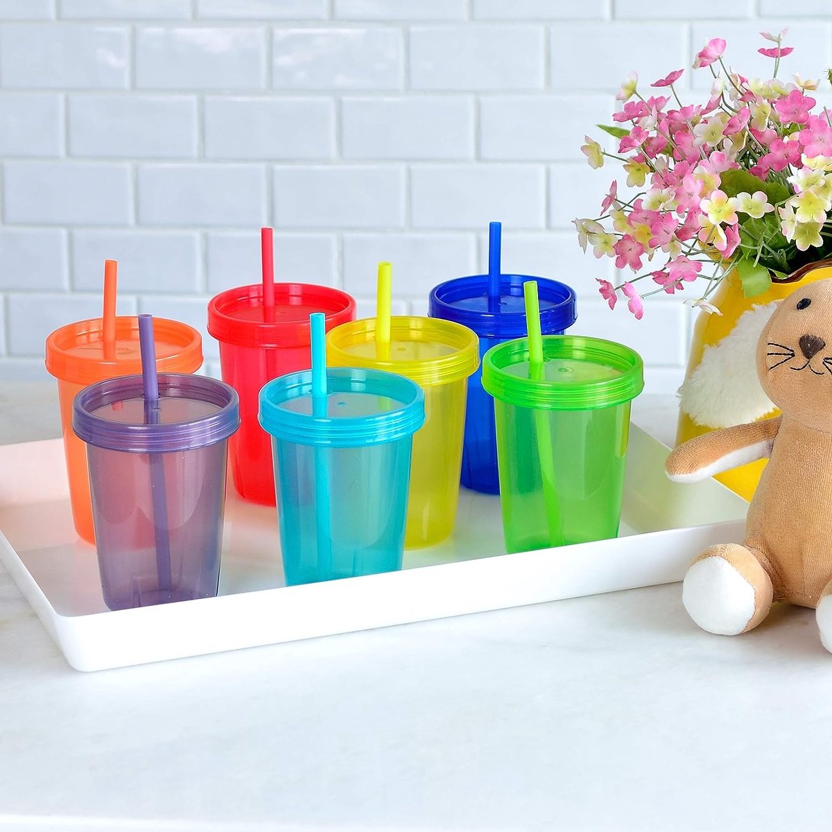 Gobelets en plastique pour enfants de 12 oz avec couvercles et pailles -  Lot de 7 gobelets réutilisables à changement de couleur pour adultes