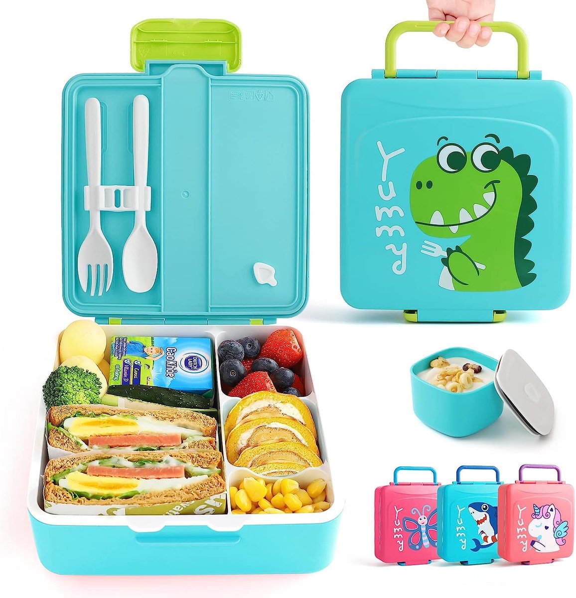 SHOP YOLO - Lunchbox kinderen - Broodtrommel voor kindere met draaggreep - 4 vakken- 1,3 L - Dinosaurus blauw