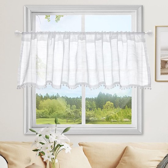 Yaland Landhausstil Vitragegordijnen met borduurwerk Bloemen-motief, transparante gordijnen met gebogen afwerking, kortgordijn, 1 stuk, Beige, HxB 130x130 cm