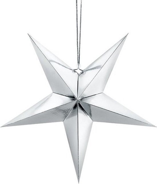 Kerstster decoratie zilveren ster lampion 45 cm - Zilveren kerststerren hangdecoratie 45 cm