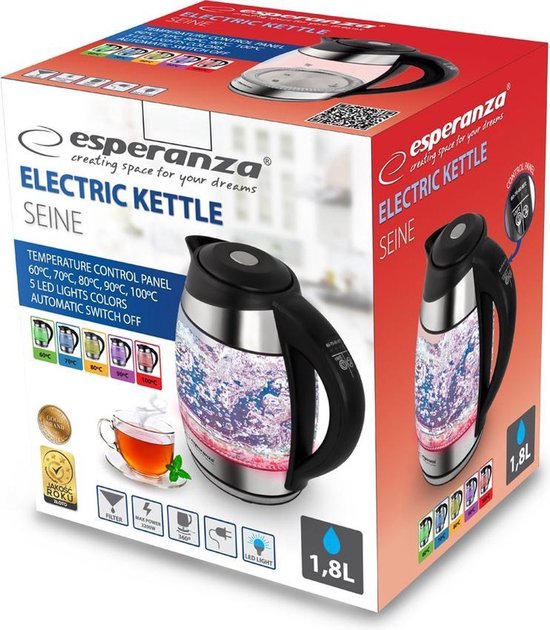 Doos van een glazen waterkoker met LED-verlichting, instelbare temperatuur en 1,8L capaciteit.