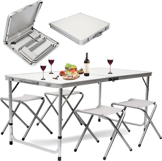 MaxxGarden Opvouwbare Picknicktafel - Biertafel met banken - Vouwtafel - campingtafel set - Plooitafel 4 persoons - Wit - 120 x 70cm