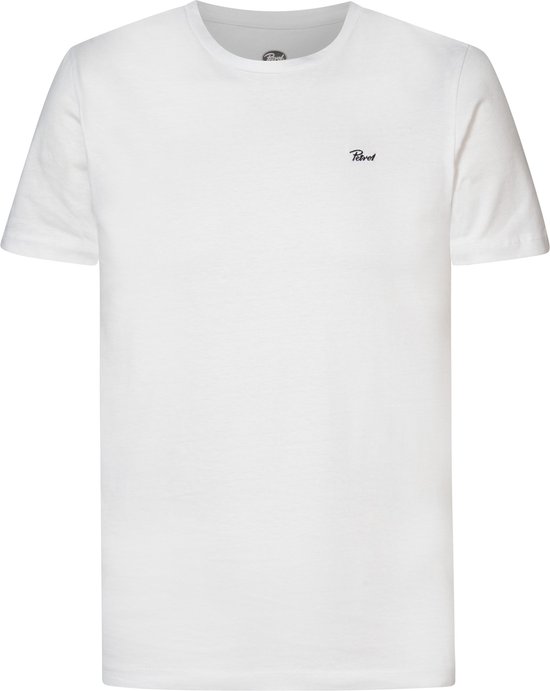 Witte katoenen T-shirt met ronde hals en korte mouwen, met klein zwart logo op de linkerborst.