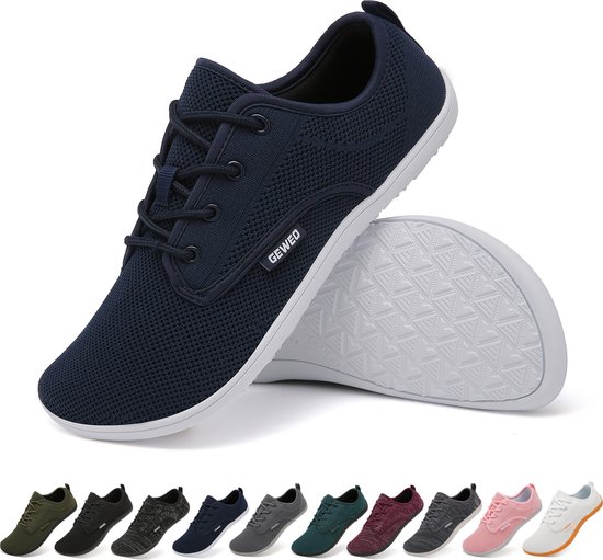 Geweo Barefoot Schoenen - Fitnessschoenen Turnschoenen Heren - Knit Textiel - Flexible Platte Zool - Ruime Teenruimte - Blauw - Maat 45