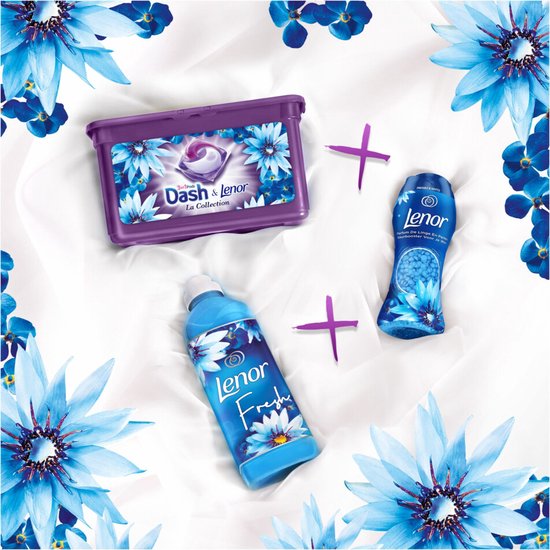 Capsules Dash & Lenor La Collection, lessive Lenor "Fresh" et perles de parfum Lenor "Zeebries". Motifs de fleurs bleues.