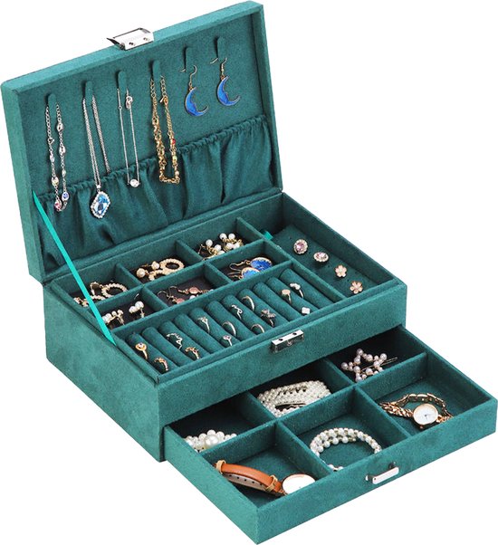 Boîte à bijoux de Luxe XL de ATV PERFECTUM- Daim - Plusieurs couches - Vert - Boîte à bijoux