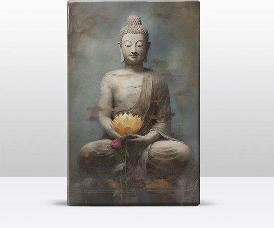 Buddha met bloemen - Laqueprint - 19,5 x 30 cm - Niet van echt te onderscheiden handgelakt schilderijtje op hout - Mooier dan een print op canvas. - LW525