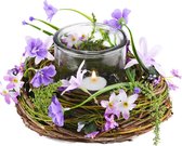 Dekoratief | Tafelstukje rond m/paarse bloemen, naturel, 22x22x11cm | A220473